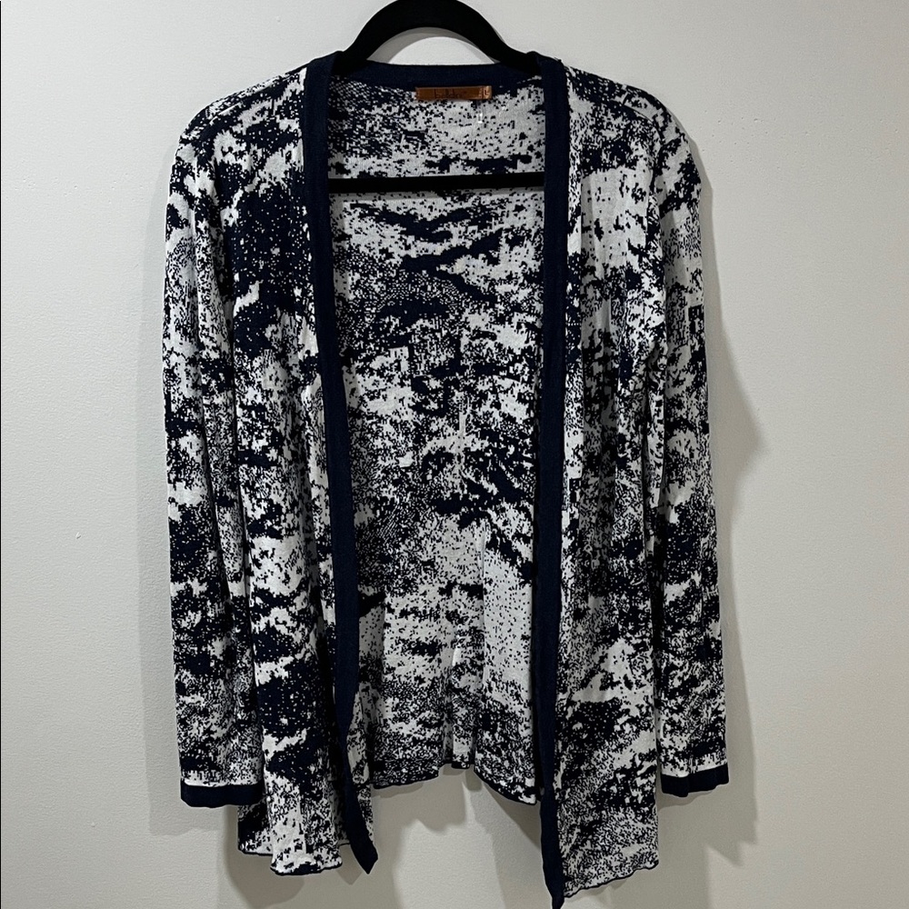 Belldini Women’s Open Cardigan Large Blue White Drape Sweater Coastal Knit
